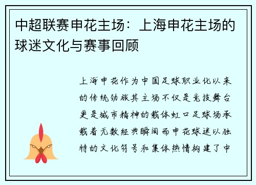 中超联赛申花主场：上海申花主场的球迷文化与赛事回顾