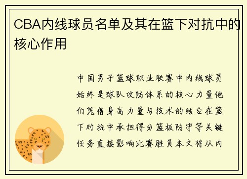 CBA内线球员名单及其在篮下对抗中的核心作用