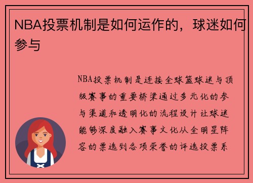 NBA投票机制是如何运作的，球迷如何参与